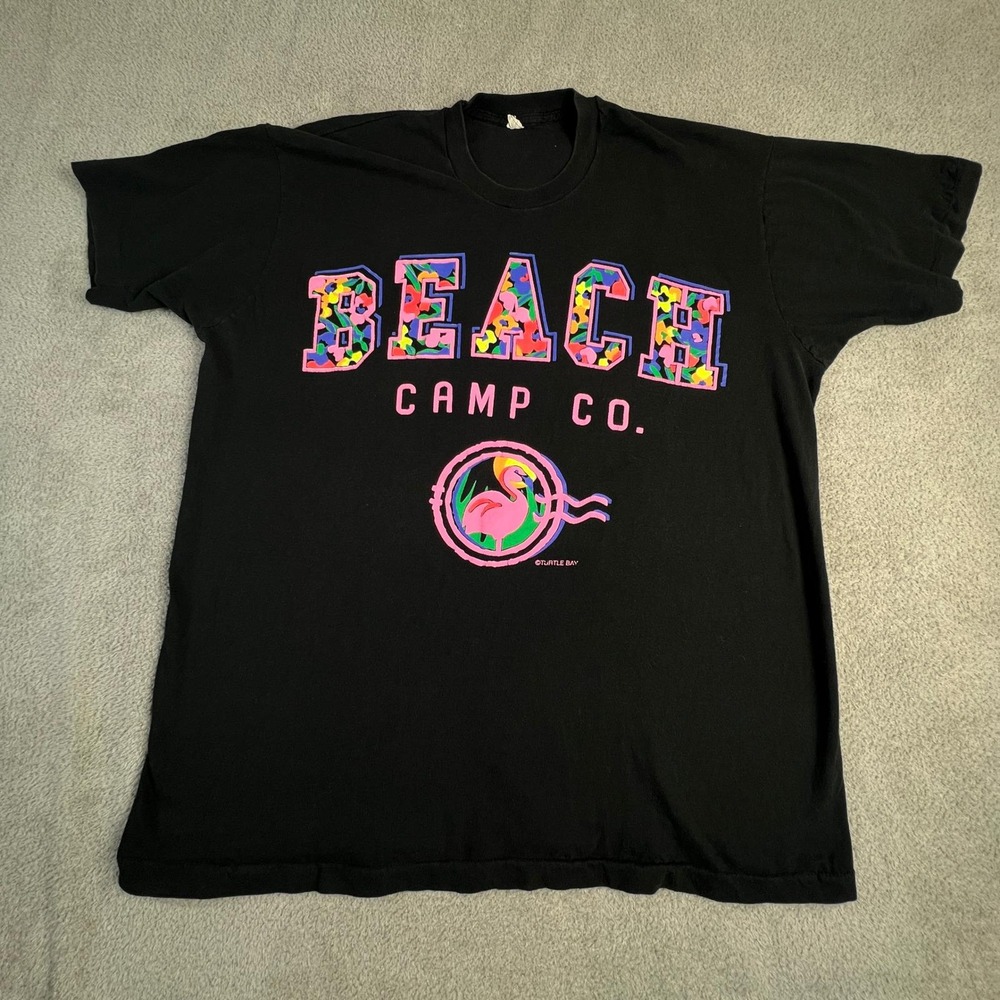 Vintage 90s T-Shirt Turtle‎ Bay Beach Camp Co Flamingo Black Single Stitch XXL